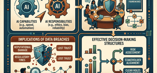 Infographic titled Weekly IT Management: Prioritizing Accountability, covering AI responsibilities, governance, data breaches, and decision-making structures
