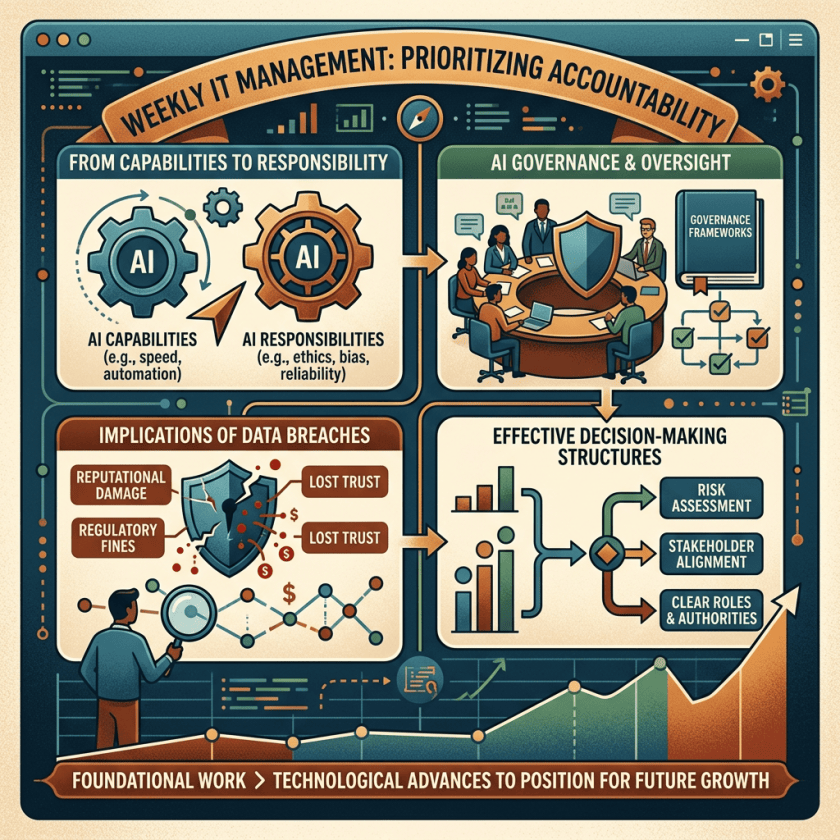 Infographic titled Weekly IT Management: Prioritizing Accountability, covering AI responsibilities, governance, data breaches, and decision-making structures