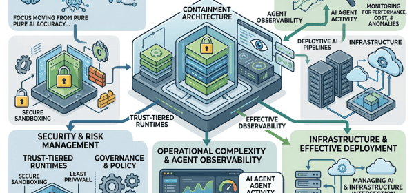 Infographic showing enterprise AI containment, governance, security, observability, and infrastructure architecture