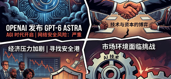 Four-panel graphic reading OPENAI RELEASES GPT-6 ASTRA; AGI ERA BEGINS | CYBERSECURITY RISK: CRITICAL; NVIDIA ACQUIRES HUGGING FACE; TECH VS. CAPITAL TENSION; ECONOMIC PRESSURE MOUNTS | SEARCHING FOR SAFE HAVENS; ANTI-AI ASSETS; MARKET ENVIRONMENTS FACE CHALLENGES; AI TECHNOLOGY CAPITAL REQUIREMENTS; CAPITAL REQUIREMENTS.