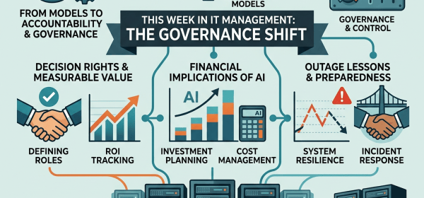 IT Management Weekly; The Governance Shift; From Models to Accountability and Governance; AI Technology Models; Technology Models; Governance and Control; Decision Rights and Measurable Value; Financial Implications of AI; Outage Lessons and Preparedness; Defining Roles; ROI Tracking; Investment Planning; Cost Management; System Resilience; Incident Response; Emphasizing Clear Control Mechanisms and Organizational Readiness.