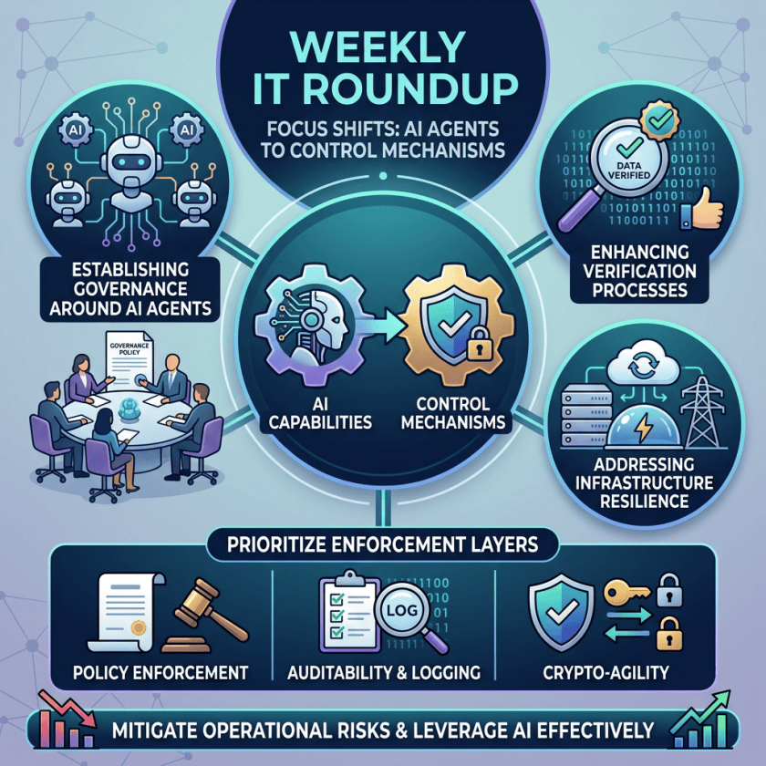 Weekly IT Roundup: Focus shifts: AI agents to control mechanisms; establishing governance around AI agents; enhancing verification processes; addressing infrastructure resilience; AI capabilities to control mechanisms; prioritize enforcement layers: policy enforcement, auditability and logging, crypto-agility; mitigate operational risks and leverage AI effectively.