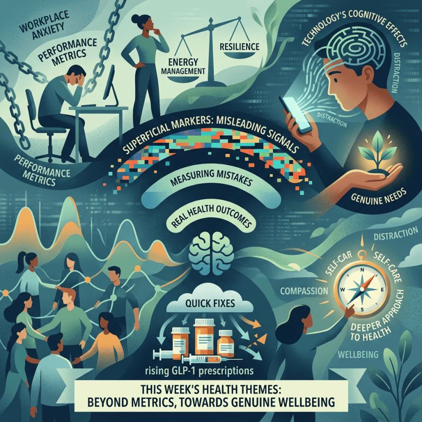 Infographic text: Workplace Anxiety, Performance Metrics, Energy Management, Resilience, Technology’s Cognitive Effects, Distraction, Genuine Needs, Superficial Markers: Misleading Signals, Measuring Mistakes, Real Health Outcomes, Quick Fixes, rising GLP-1 prescriptions, Self-Care, Self-Care, Compassion, Deeper Approach to Health, Wellbeing, This Week’s Health Themes: Beyond Metrics, Towards Genuine Wellbeing.