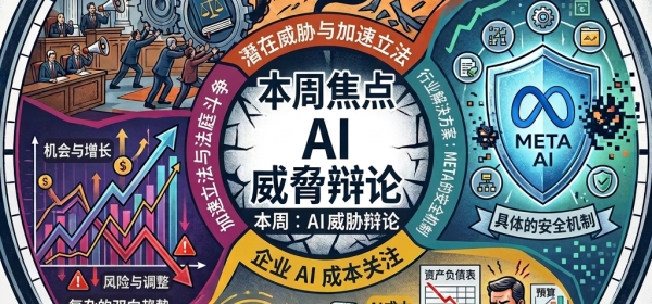 Infographic titled “This Week: The AI Threat Debate” covering uncontrolled AI, accelerated legislation, weaponization risks, Meta AI security, market trends, and AI costs.