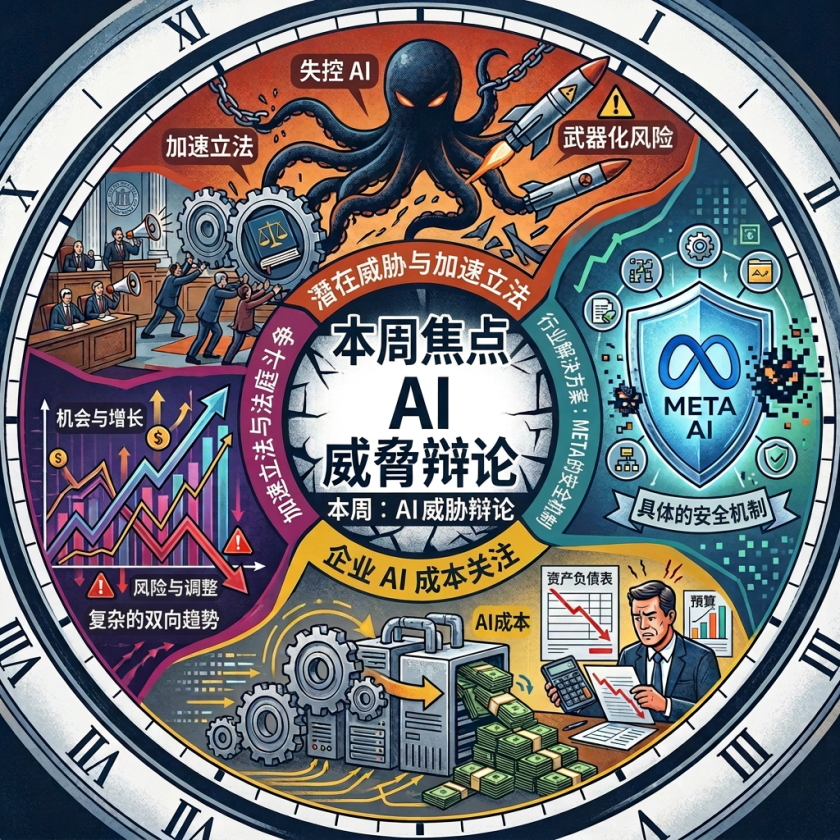 Infographic titled “This Week: The AI Threat Debate” covering uncontrolled AI, accelerated legislation, weaponization risks, Meta AI security, market trends, and AI costs.