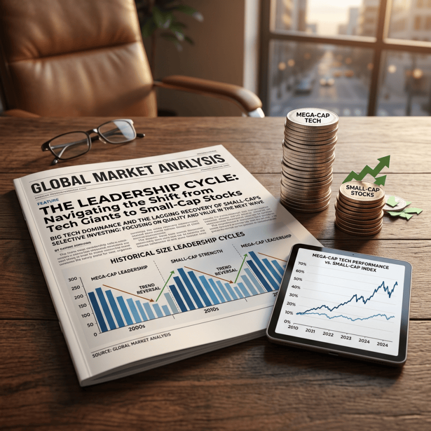 Market analysis titled “The Leadership Cycle” compares mega-cap and small-cap stock performance.