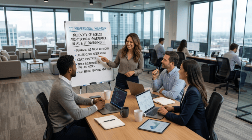 Team workshop with whiteboard reading “IT Professional Roundup: Necessity of Robust Architectural Governance in AI & IT Environments; Managing AI Agent Autonomy; Secure Cloud Integrations; CI/CD Practices; Trust Boundaries & Failure Modes; Map Before Adopting New Tech.”