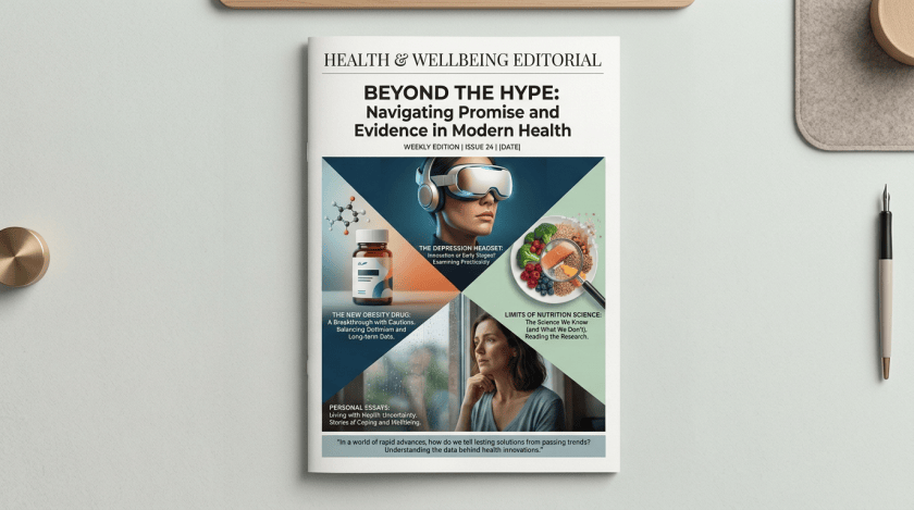 Health & Wellbeing Editorial; Beyond the Hype: Navigating Promise and Evidence in Modern Health; Weekly Edition | Issue 24 | [Date]; The Depression Headset: Innovation or Bally Stages? Examining Practicality; The New Obesity Drug: A Breakthrough with Cautions. Balancing Optimism and Long-term Data.; Limits of Nutrition Science: The Science We Know (and What We Don't). Reading the Research.; Personal Essays: Coping with Health Uncertainty. Stories of Coping and Wellbeing.; “In a world of rapid advances, how do we tell lasting solutions from passing trends? Understanding the data behind health innovations.”