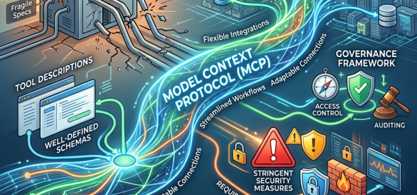 Diagram of Model Context Protocol linking traditional APIs, cloud services, governance, security, and deployment