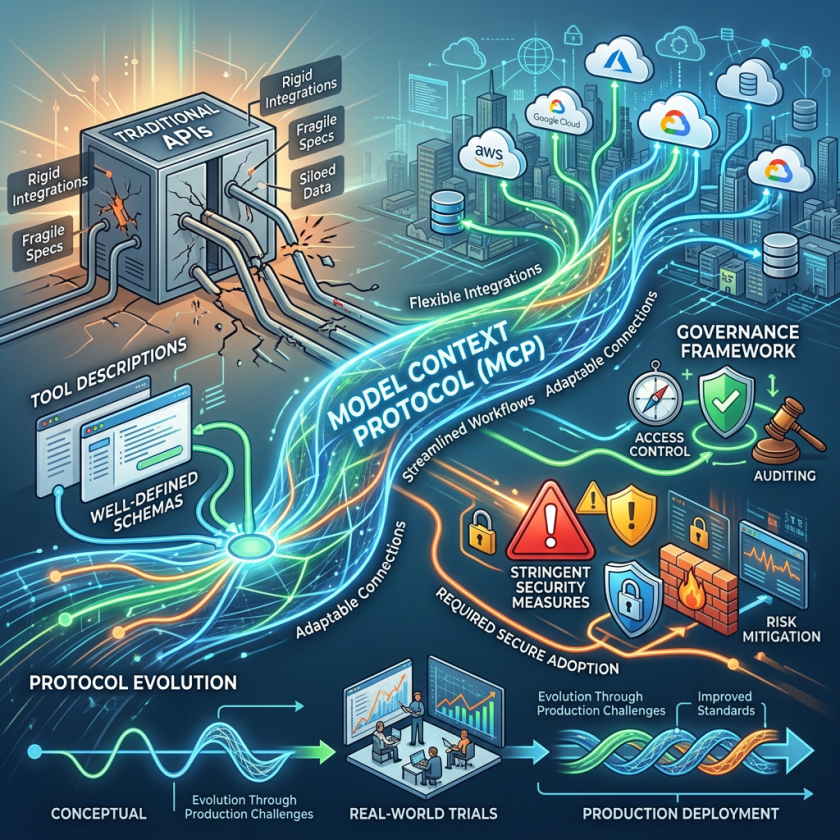 Diagram of Model Context Protocol linking traditional APIs, cloud services, governance, security, and deployment