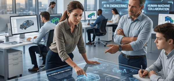 Engineering team around digital table; displays read AI IN ENGINEERING, INNOVATION, VERIFICATION, RELIABILITY, HUMAN-MACHINE COLLABORATION, 87%, ENGINEERING LEADERS ANTICIPATE INTEGRATION AI INTEGRATION IN DESIGN SOFTWARE, and KEY FOR VENDORS: BUILD RELIABILITY THROUGH TRANSPARENCY, VERIFICATION, & HUMAN-IN-THE-LOOP APPROACHES.