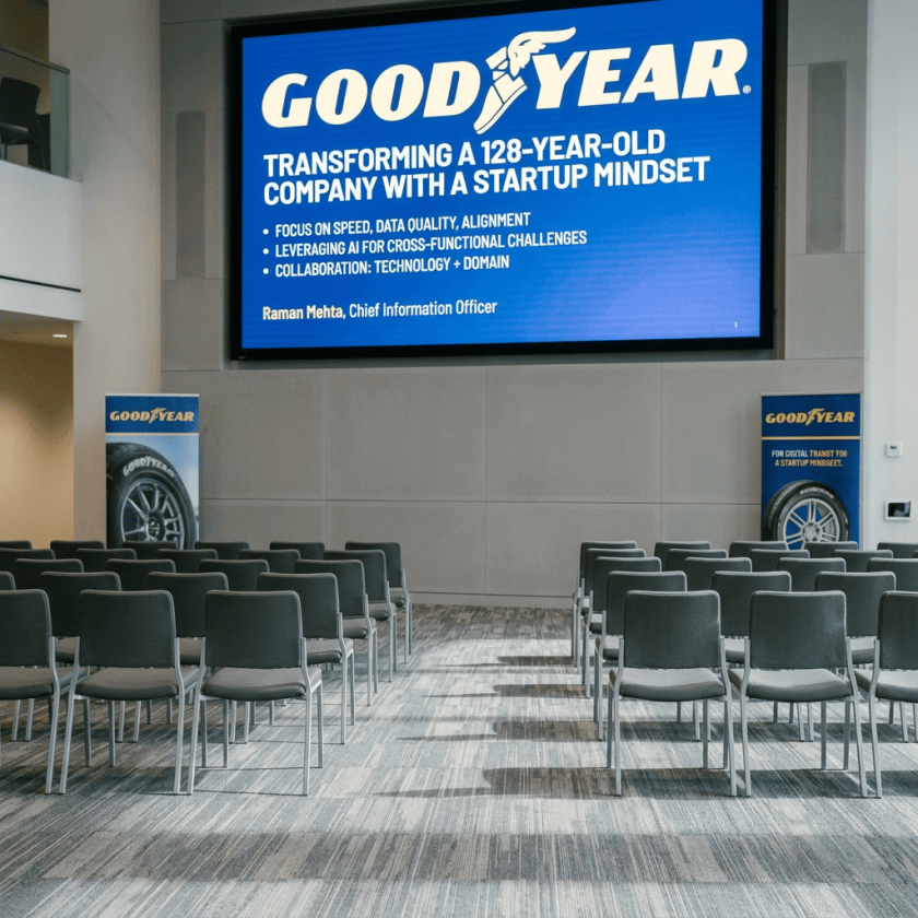 Goodyear presentation slide reading “Transforming a 128-year-old company with a startup mindset,” with a speaker at a podium and audience.
