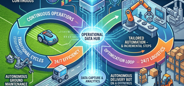 Infographic titled COMPANIES REDESIGNING PROCESSES AROUND PHYSICAL AI GAIN SIGNIFICANT ADVANTAGES, showing continuous operations, an operational data hub, tailored automation, optimization, autonomous systems, and four adoption steps: pilot project, gather data and feedback, build trust and validate, enhancing efficiency one step at a time.