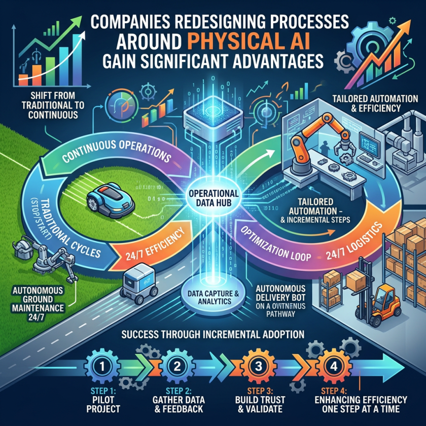 Infographic titled COMPANIES REDESIGNING PROCESSES AROUND PHYSICAL AI GAIN SIGNIFICANT ADVANTAGES, showing continuous operations, an operational data hub, tailored automation, optimization, autonomous systems, and four adoption steps: pilot project, gather data and feedback, build trust and validate, enhancing efficiency one step at a time.